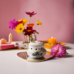 Lumânare parfumată cu Lemn și flori de catifea în vas ceramic cu capac și mâner